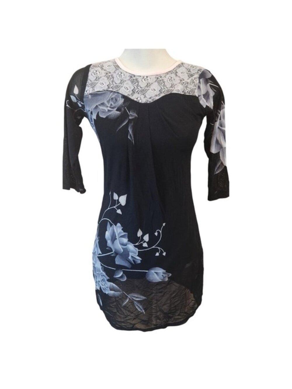 Y2k‎ dark cottage Black Mesh Floral Rose Print Tunic Top Lace Yoke 3/4 Sleeve sm